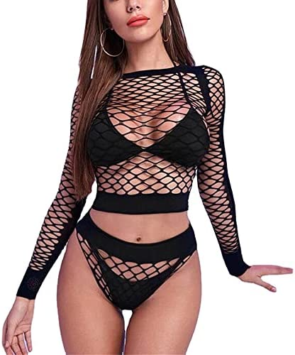 VicSec Women Fishnet Lingerie Set, Sexy Babydoll Mesh Bodysuit, See Through Chemise Hollow Out Bodystocking Teddy Outfit Rhinestone Crop Top and Shorts Underwear for Clubwear Nightwear Nightgown