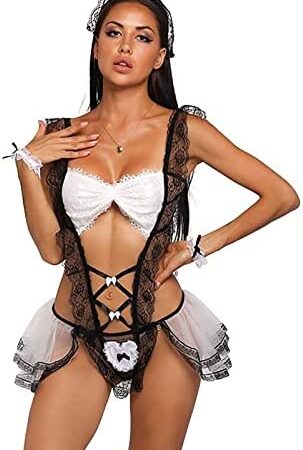 ROSVAJFY Women Sexy Maid Costume Sheer French Lace Outfit Servant Cosplay Lingerie Set Fancy Dress Cute Mini Skirt Babydoll Nightwear for Female Halloween Valentine Roleplay Suit