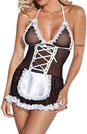 Sexy French Maid Costume, Women Sheer Maid Servant Cosplay Outfit Lingerie Babydoll Set, Naughty Cute Apron Lace Splice Fancy Dress Uniform for Ladies Halloween Roleplay Game Suit Sleepwear Nightdress