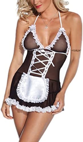 Sexy French Maid Costume, Women Sheer Maid Servant Cosplay Outfit Lingerie Babydoll Set, Naughty Cute Apron Lace Splice Fancy Dress Uniform for Ladies Halloween Roleplay Game Suit Sleepwear Nightdress