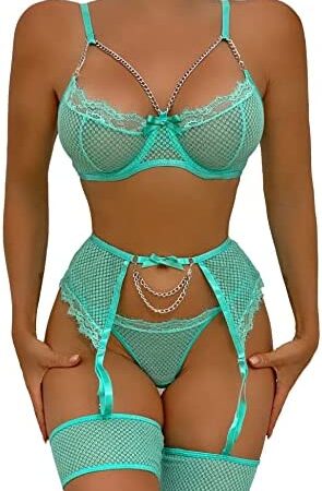 Aranmei Sexy Lingerie for Women Naughty 4 Piece Lace Lingerie Set with Thigh Cuffs