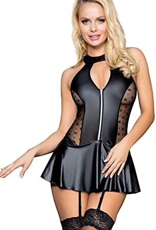 ohmydear Women Plus Size Leather Lingerie Set Lace Sleeveless Club Nightwear PVC Mini Dress Wet Look Outfits with Garter Belt and G-String