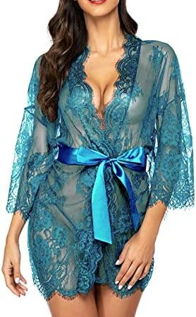 Avidlove Women's Kimono Lingerie Eyelash Lace Robe Babydoll Nightwear Mesh Nightgown
