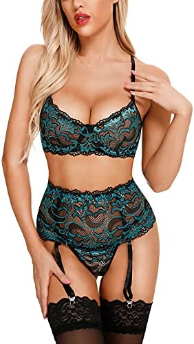 BESDEL Womens Lace Lingerie Set with Garter Belt High Waist Bra and Panty Set Sexy Boudoir Outfits