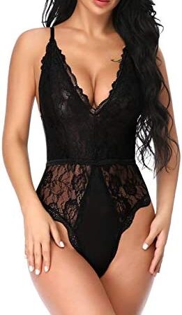 EVELIFE Women Sexy Teddy Lingerie One Piece Lace Babydoll Deep V Neck Bodysuit