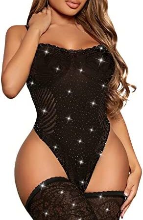RSLOVE Lingerie for Women Fishnet Bodystocking Sexy Sparkle Rhinestone Teddy Mesh Bodysuit with Tights