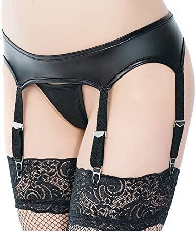 Yummy Bee - Suspender Belt Set - Black Faux Leather Garter Belt Set - Plus Size Suspender Belt Set 8-26